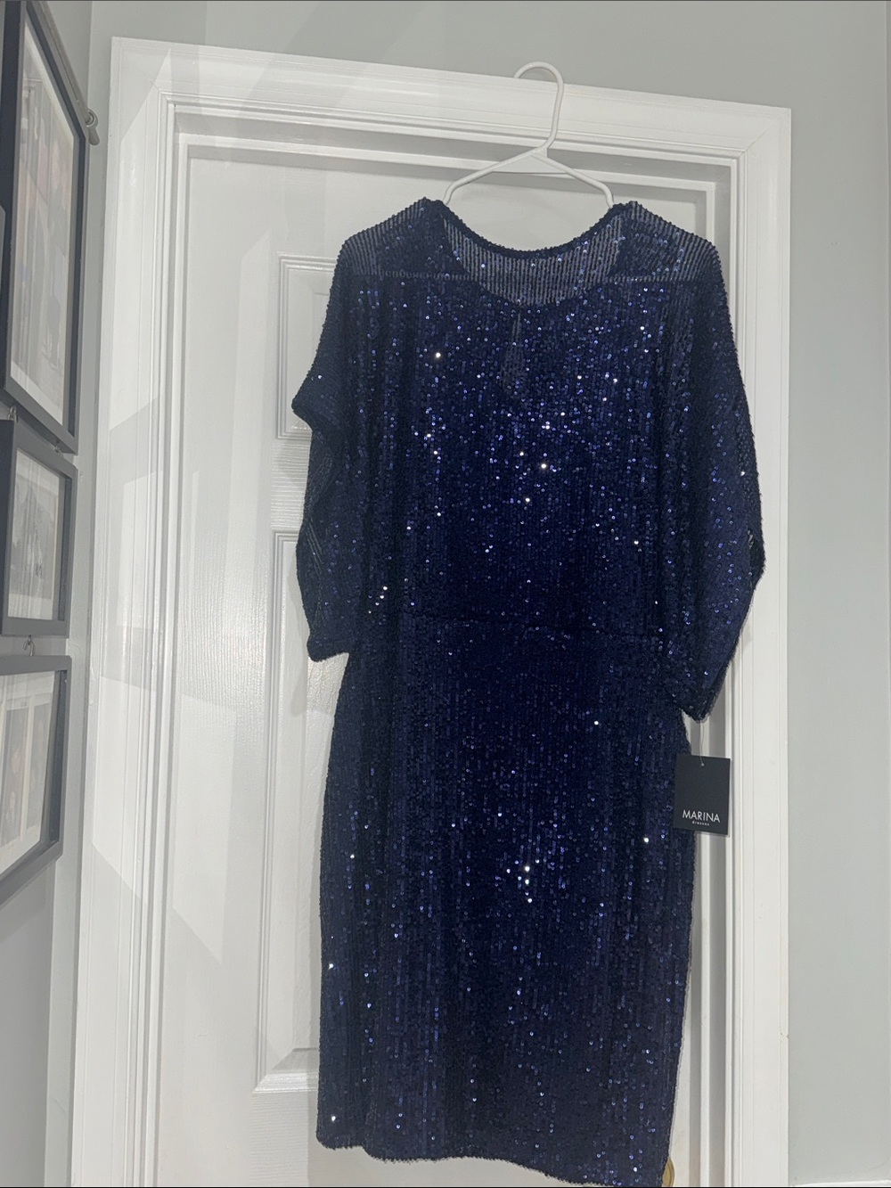 MARINA Navy Sequin Midi Dress